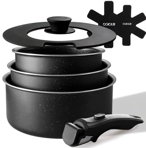 COICUR Töpfe Set mit Abnehmbaren Griffen, Keramik Topfset induktion 16/18/20cm, 3-in-1 Verschlussdeckel und 2 Vliesunterlagen Für alle Herdarten geeignet, induktionsgeeignet und ofenfest Schwarz