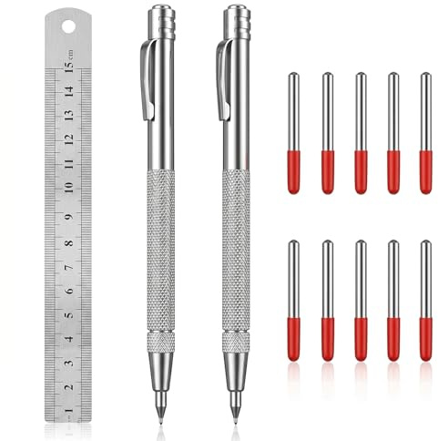 IENHDK 2 Stück Anreißwerkzeug Set,Wolframcarbid Stift,Reißnadel Für Metall | 10 Ersatzspitzen,15cm Stahllineal Und Magnetischem Schwanz,Zum Anreißen Und Gravieren Von Glas Metall Keramikfliesen