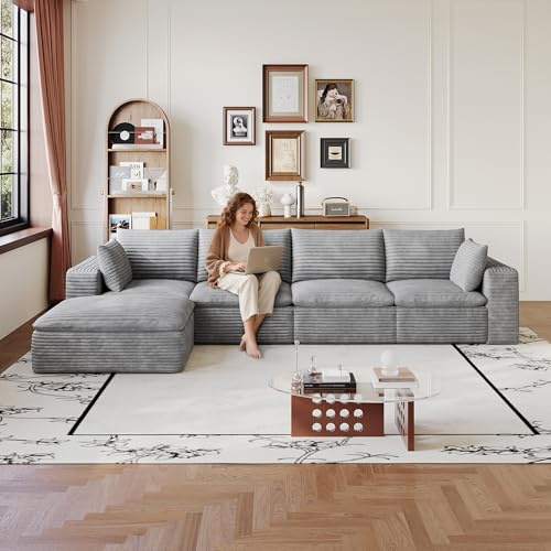 Muskel 340 cm modulares Sofa aus Corduroy ohne Montage, XXL L-förmige Cloud Couch mit Doppelschicht, abnehmbare Kissen & tiefer Sitzfläche, Flexible Sofa-Landschaft für Wohnzimmer & Büro – Grey