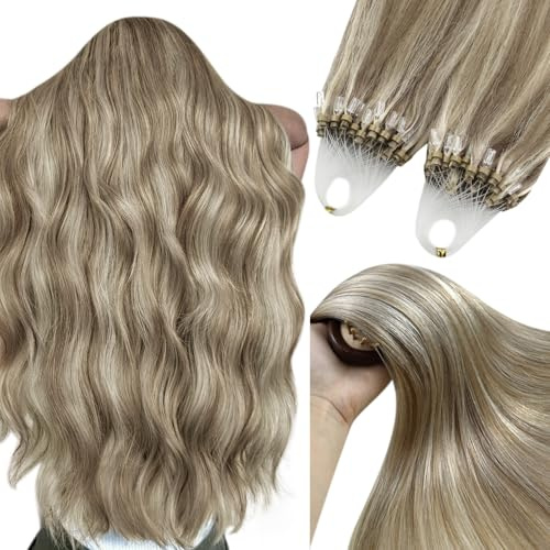 YoungSee 24inch Micro Beads Hair Extensions Light Brown with Blonde Highlight Micro Loop Extensions Human Hair Brown for Women Cold Fusion Long Lasting Silky Smooth Stylish Soft 50s 50g