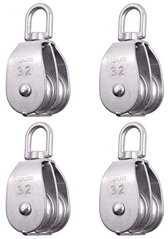Rocaris 4 Pack Stainless Steel Wire Rope Crane Double Pulley Block M32 Lifting Crane Swivel Hook Single Pulley Block Hanging Wire Towing Wheel