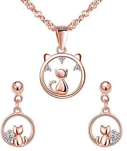 Yumilok Damen Schmuckset Halskette mit Katze Anhänger & Damen Ohrstecker Ohrringe aus 925 Sterling Silber Roségold für Frau Mädchen