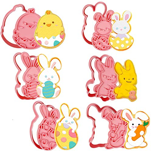 Leesgel Easter Cookie Cutters Shapes, 6pcs 3D Pressable Cookie Cutter, Embossed Stamped Pastry Biscuit Cutters Kids Baking Set for Easter Kitchen Bakeware Decorations