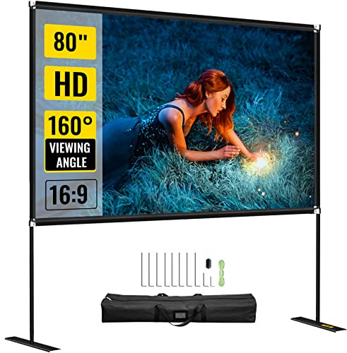 VEVOR Outdoor Movie Screen w/Stand 80 Portable Movie Screen 16:9 HD Wide Angle Outdoor Projector Screen Easy Assembly Portable Projector Screen w/Storage Bag Projector Screen Stand for Outdoor Use