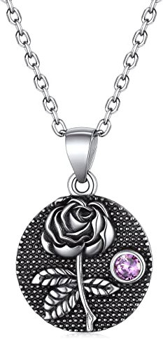 FOCALOOK Retro Rose Pendant Necklace for Woman 925 Sterling Silver Birth Month Jewellery Engraved Tiny Cute Cubic Zirconia Birthstone Neck Chain 45cm+5cm