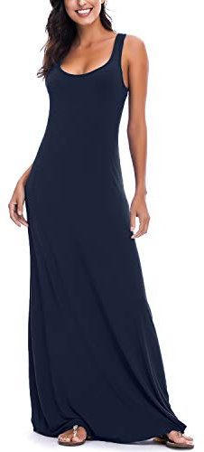 EXCHIC Donne Solido Casual Senza Maniche Maxi Vestito Estate Sexy Spiaggia Gilet Abito (M, Marino Blu)