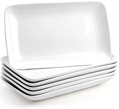 Foraineam Rectangular Salad Plates, 10 Inch White Porcelain Dessert Appetizer Plates Set, Dishwasher and Oven Safe Serving Platters for Sushi, Pasta, Fruit, Set of 6