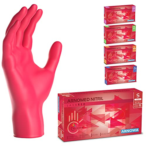 ARNOMED Einweghandschuhe Rot 100 Stück/Box, Einmalhandschuhe S, Nitrilhandschuhe, Handschuhe Einweg puderfrei, latexfreie Gummihandschuhe, Einweghandschuhe in XS, S, M, L & XL verfügbar