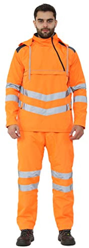 AA Essentials® Hi Vis Rain Tracksuit - Mens High Visibility Waterproof Reflective Tape Band Safety Lightweight Rainsuit Hooded Top (Orange, 3X-Large)