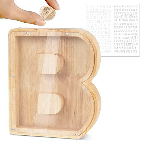 Mikytoper Wooden Letter Money Box for Kids Personalised Piggy Bank Letter A-Z Transparent Money Bank Saving Coins Cash Change Creative Gift for Children Boys Girls Decorative Money Box (B)
