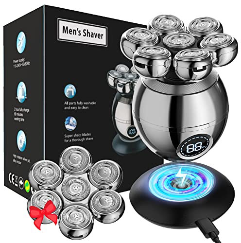 Rasoio elettrico da uomo e da donna, 2 testine di rasatura, 7D, rotativo per capelli calvi, anti-pizzicamento, a umido e a secco, con base di ricarica wireless, per viso e testa