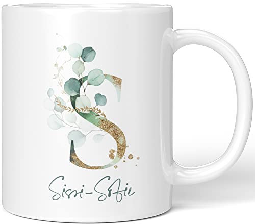 JUNIWORDS Tasse, Sissi-Sofie, Name Anfangsbuchstabe Initial Alphabet Floral Buchstabe S Monogramm Motiv, Weiß (5481647)