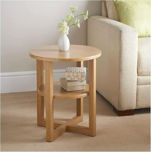 2 Tier Oak Effect Round Side Table, Wood End Table with Storage Modern Sofa Table, Small Lamp Plant Coffee Table, Night stand for Living Room Bedroom and Small Spaces, Home Décor (Contemporary, Oak)
