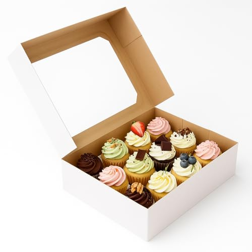 PACKARDI Pack of 10 White-Kraft Cupcake Boxes 12 Hole with Window Including Stickers – Unique Cupcake Box with Auto Popup Perfect for Party Muffins, Cupcakes, Small Cakes & Cookies