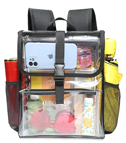 Mildbeer Transparenter Stadion-Rucksack für Sportveranstaltungen und Konzerte – 30,5 x 30,5 x 15,2 cm, kompakter PVC-Klappen-Rucksack mit mehreren Taschen, Schwarz, Small, Transparenter