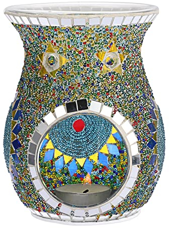 TOLIDA Glas Duftlampe mit Bunte Mosaikmuster Weihrauchbrenner Aromatherapie Brenner Teelichthalter Ätherisches Öl Brenner Räuchergefäß Wachsschmelzbrenner für Schlafzimmer Wohnzimmer Yoga