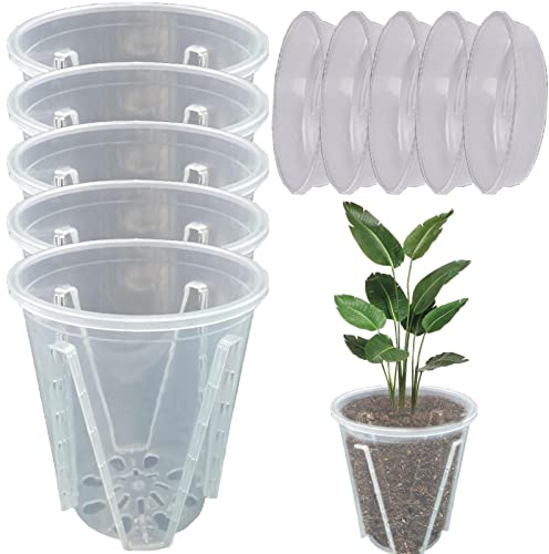 Kaxenig Orchideentöpfe zum Umtopfen,5 transparente Orchideen-Töpfe mit 5 Tabletts, belüfteter Orchideen-Übertopf mit Abflusslöchern | Indoor Outdoor Blumentopf Orchideentöpfe zum Umtopfen Umpflanzen