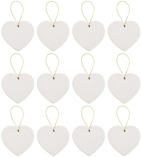 Creative Hobbies Fertig zum Bemalen glasierte Porzellan-Keramik-Herz-Ornamente mit Aufhänger für Weihnachtsbaum und Feiertagsdekoration, 12 Stück