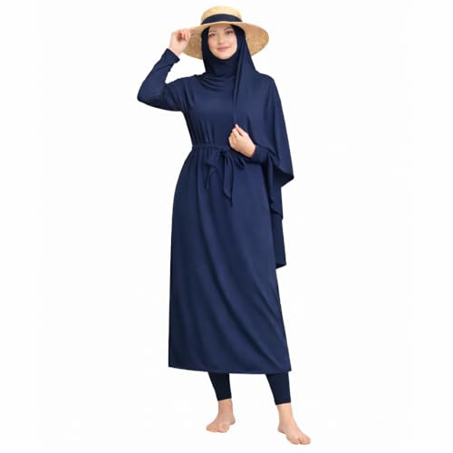 Burkini Donna Musulmana Burkini 3 Pezzi, Burkini Long con Hijab Rimovibile-Burkini Donna Musulmana Protezione UV, Blu marino, S-M