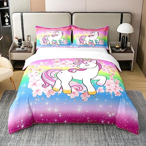 Homewish Cartoon Einhorn Baumwolle Bettbezug 135x200 Kinder Träumende Pferd | Tröster Abdeckung Nette Tier Bettwäsche Kirschblüten Glitter Regenbogen Magische Fantasie Weltraum Stern Ombre Baumwolle Bunt