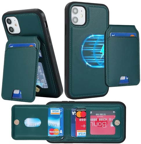 ELTEKER Hülle für iPhone 12 Mini Handyhülle mit Kartenfach Magsafe Wallet Magnetischer Kartenhalter Handy kreditkartenetui mit Ständer,Leder Klapphülle Schutzhülle für iPhone 12 Mini-dunkelgrün