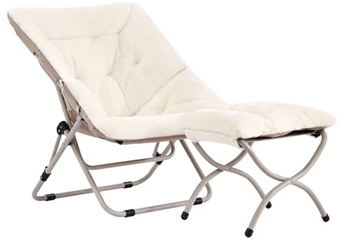Welnow Übergroßer Faltbarer Saucer-Sessel Mit Ottoman - Weicher Kunstfell-Loungesessel Mit Metallrahmen für Schlafzimmer, Wohnzimmer, Studentenzimmer - Beige