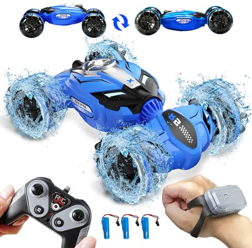Aucrsozk Enfants Amphibie Télécommandée Voiture Jouet pour 3 4 5 6 7+ Ans, 2.4Ghz 4WD Tout Terrain Telecommande Voiture avec Contrôle Gestuel pour Adulte, Etanches RC Car pour Noël Cadeaux (Bleu)