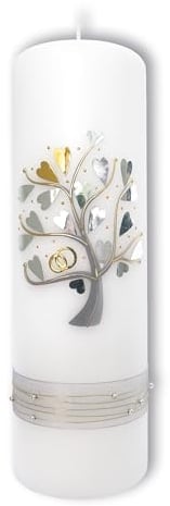 FRITZ COX Hochzeitskerze mit Liebesbaum & Herzen – Symbolische Traukerze mit goldenen Ringen – 25x8 cm aus Paraffinwachs