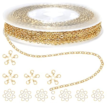 NHPY gliederkette,Ketten basteln,Ketten,gliederkette schmuck,Metall schmuck Waren,5 Meter Lange Kette + 20 Karabinerverschlüsse + 50 Ringe, für die Herstellung von Halsketten und Schmuck