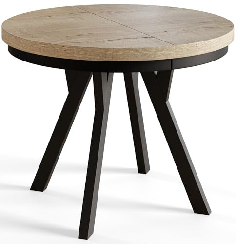 AlpiMeble Runder Esszimmertisch EVO, ausziehbarer Tisch Durchmesser:100 cm bis 200 cm, Wohnzimmertisch Farbe: Halifax, mit Holzbeinen in Farbe Schwarz
