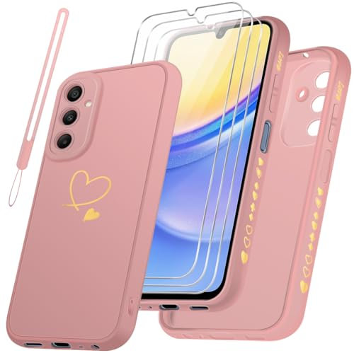 Cover Compatibile con Samsung Galaxy A15 5G / 4G, con 3 Pezzi Vetro Temperato Pellicola Protettiva + 1 Cordone, Morbido TPU, Antigraffio e Antiurto Custodia (Rosa)