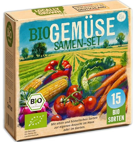 Little Plants Gemüse Samen Set - 15 Sorten BIO Samen - Gemüsesamen - Saatgut Gemüse - Hochbeet Zubehör - Sämereien Saatgut Set Gurke Karotte Salat & mehr (inkl. E-Book)