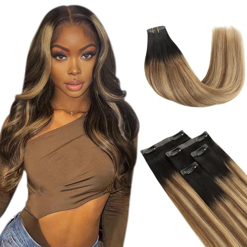 Lashey Clip in Extensions Echthaar Highlights Ombre Balayage Aschbraun bis Honigblond 58g 4 Stück Nahtlose Clip in Haarverlängerung 60cm(24 Zoll) Glatt Remy Menschliches Haar with PU Wefts