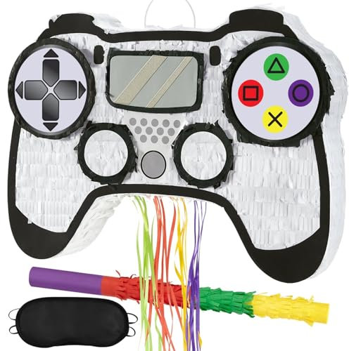 WERNNSAI Videospiel Pinata - Gamecontroller Piñata mit Kordelzug Augenbinde und Stock für Jungen Geburtstagsparty Kinderspiele Gaming Mottoparty Dekoration Zubehör Familienfeier Spieleabend Schwarz