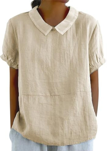 HUIFUAO Chemise Femme Lin Chemise Manche Courte Femme Chemise Gaze De Coton Femme Chemise Femme Coton Chemise Lin Femme Été Chemise A Carreaux Femme, Z04 Beige, M
