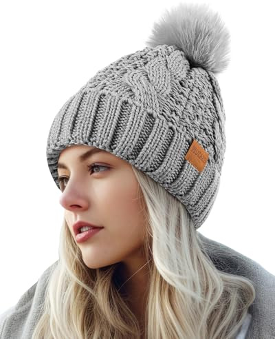 PIOZAED Women's Winter Pompom Beanie Warm and Cozy Knit Hat Fleece Lining Skull Cap for Women
