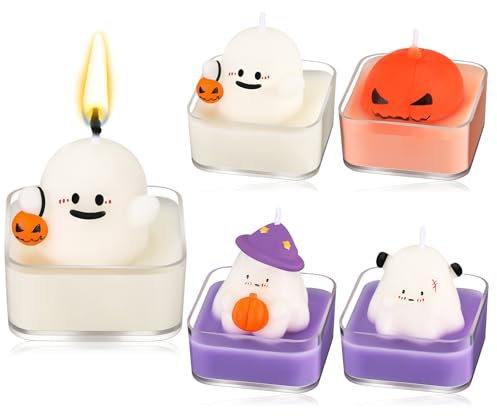 Gulfmew 4 Halloween Kerzen Brennende Geisterform Grusel Geister Kürbis Kerzen Halloween Duftkerzen Niedliche Lustige Geschenke für Geister Dekoration Herbstdeko Party Tisch