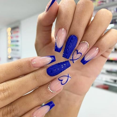 24pcs Long Square False Nails French Tip - Dark Blue Heart Edge Stick on Nails Heart Rhinestone - Press on Nails Removable Glue-on Nails - Full Cover Fake Nails Nail Art Accessories