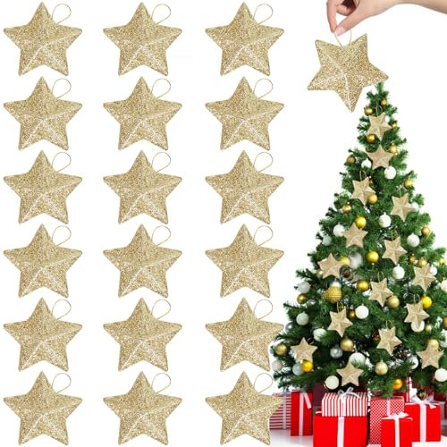 24 Stück Kleiner Stern Weihnachten Deko, Weihnachtsbaumschmuck Gold Stern, Christbaumschmuck Glitzer Sterne Anhänger, Deko Sterne Weihnachten für Kamin,Fenster,Tischdeko