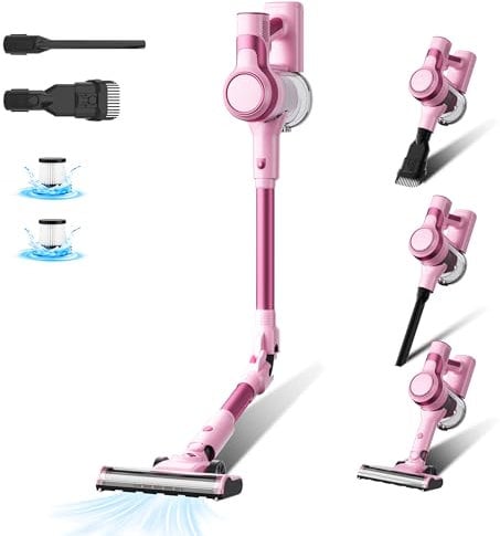 Stanew Aspirapolvere senza fili, 33Kpa Scopa elettrica 320W Scopa elettrica senza fili pieghevole, autonomia di 35 minuti, LED, adatto per tappeti, automobili(Rosa)