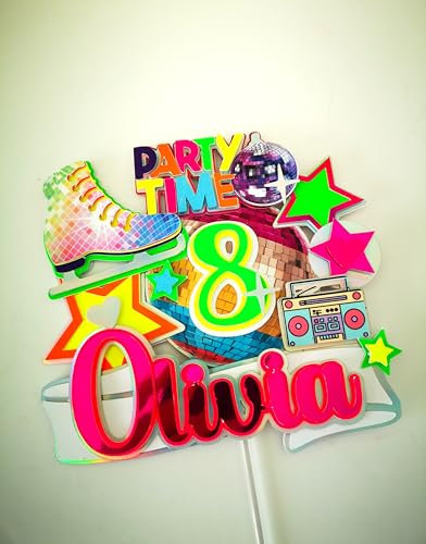 Party Time Neon 3D Cake Topper, Ice Skate, Disco Ball, Stars, Boombox, 80s Theme (Cake topper)