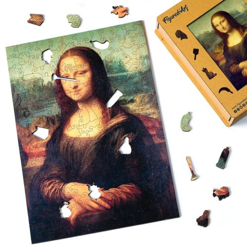 Figured'Art Holzpuzzle Erwachsene und Kinder 200 Teile - Mona Lisa von Leonardo da Vinci - Originelles Design 22x31,2 cm Einzigartige Form mit Premium-Holzkiste