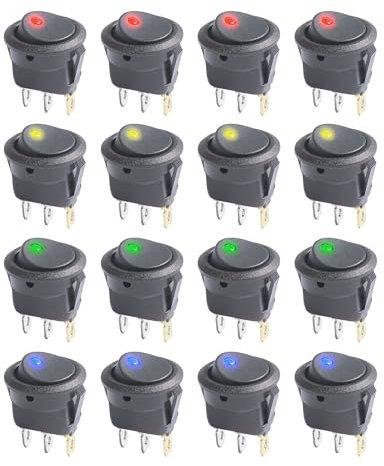 Flaconi 16 PCS Interruttore a Pulsante,Interruttore 12v,Mini Interruttore On Off,Interruttore 12v on off,Interruttore a Bilanciere con 4 Colori Luce a LED,Adatto per Auto,Barca,Motociclette,Navi