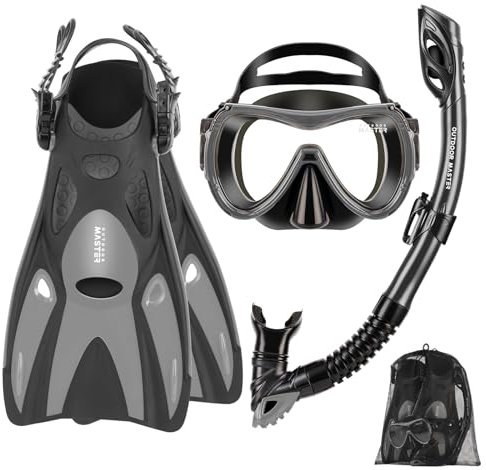 OutdoorMaster Mobula Schnorchelausrüstung für Erwachsene, Maske Flossen Schnorchel Set mit Panoramablick Anti-Beschlag, Dry Top Tauchausrüstung zum Schwimmen Schnorcheln Tauchen - Grau Schwarz,L/XL