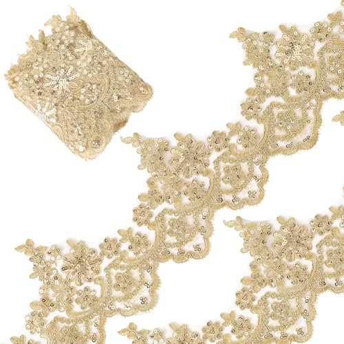 GORGECRAFT Spitzenbesatz Aus Venedig Goldmetallic 2.7 m 13cm Breite Pailletten Blumenstickerei Spitzenband Applikation Zum Nähen Florale Spitzenkrone Randbesatz Für Heimwerker Basteln Kleidung Hochzei