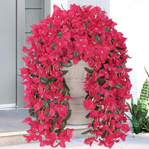 UXORSN 2 Piezas Flores Artificiales Colgantes Plantas Artificial Colgante Exterior Resistentes a los UV Buganvillas Artificiales Enredaderas Artificiales Decorativas para Jardín Balcón,Rosa Roja