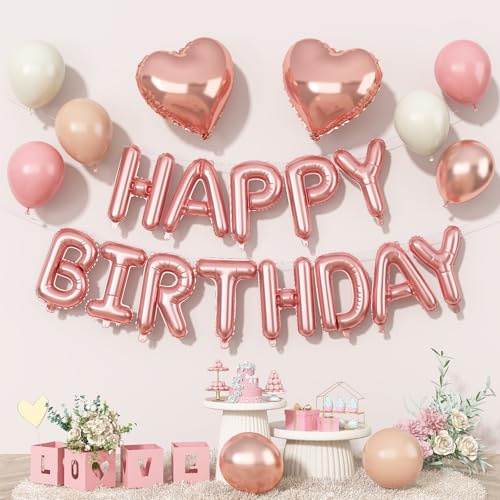 Happy Birthday Balloon Banner Rose Gold, 16 Inch Mylar Letters Rose Gold Heart Foil Balloons Dusty Blush Pink Nude Beige Metallic Ivory Balloons Boho Neutral Birthday Decorations for Girls Women