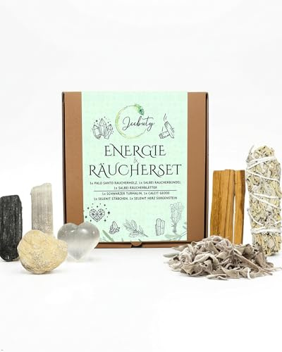 JEEBUTY Premium Energie- & Räucherset XXL – Palo Santo, Selenit Herz Sorgenstein & Stäbchen, Calcit Geode, Salbei Räucherwerk, schwarzer Turmalin – Hochwertiges Spirituelles Geschenkset