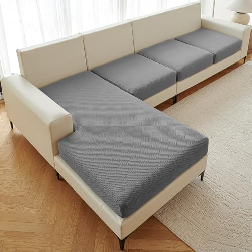 DeepDream Sofa Sitzkissenbezug Stretch Sofabezug 4 Stück, L Form Elastisch Sofa Überzug, Waschbarer Sofabezug, Rutschfester Universal Couch Überzug (Dunkelgrau, 3X Sitzbezüge + 1x Chaiselongue-Bezug)