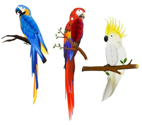 TOPPERFUN 3 Stück Realistische Papageien Papier Ornamente Tropische Deko Papagei Hängend Ölbeständig und Wasserfest Partyartikel für Sommerurlaub und Hawaii Themenpartys